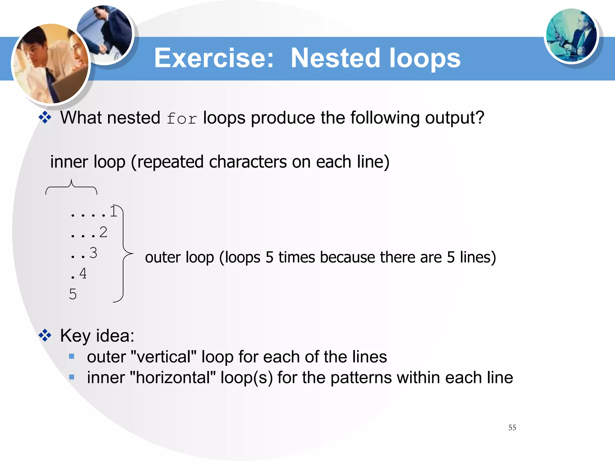 55
Exercise: Nested loops
 What nested for loops produce the following output?
....1
...2
..3
.4
5
 Key idea:
 outer "vertical" loop for each of the lines
 inner "horizontal" loop(s) for the patterns within each line
inner loop (repeated characters on each line)
outer loop (loops 5 times because there are 5 lines)
 