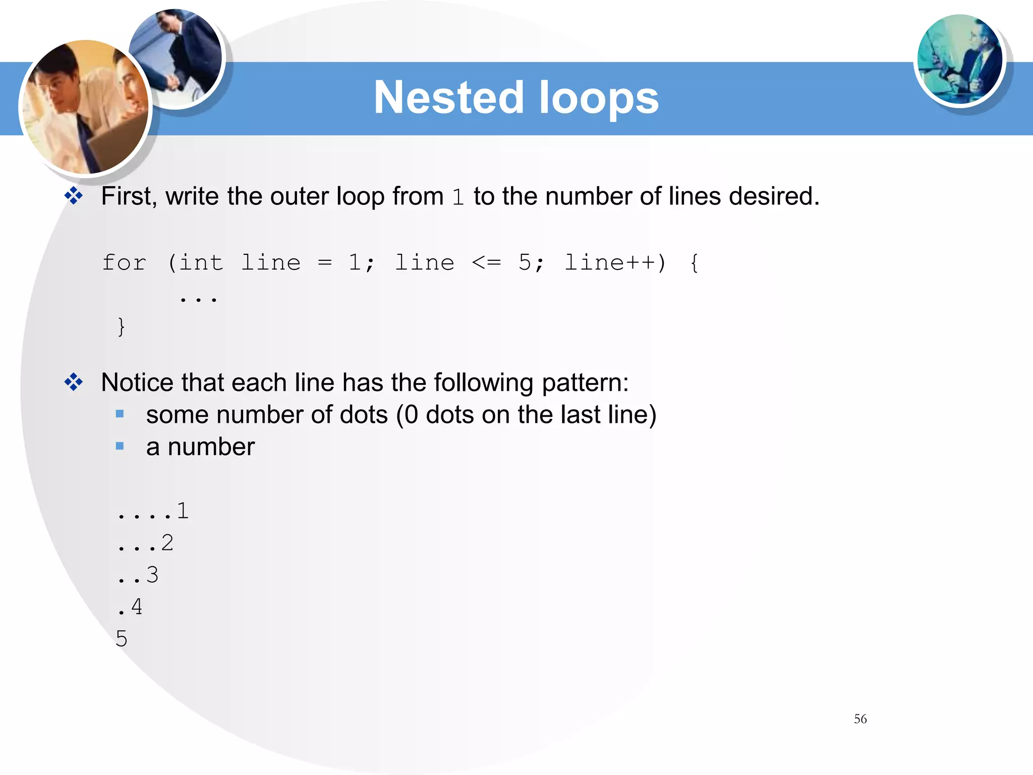 56
Nested loops
 First, write the outer loop from 1 to the number of lines desired.
for (int line = 1; line <= 5; line++) {
...
}
 Notice that each line has the following pattern:
 some number of dots (0 dots on the last line)
 a number
....1
...2
..3
.4
5
 