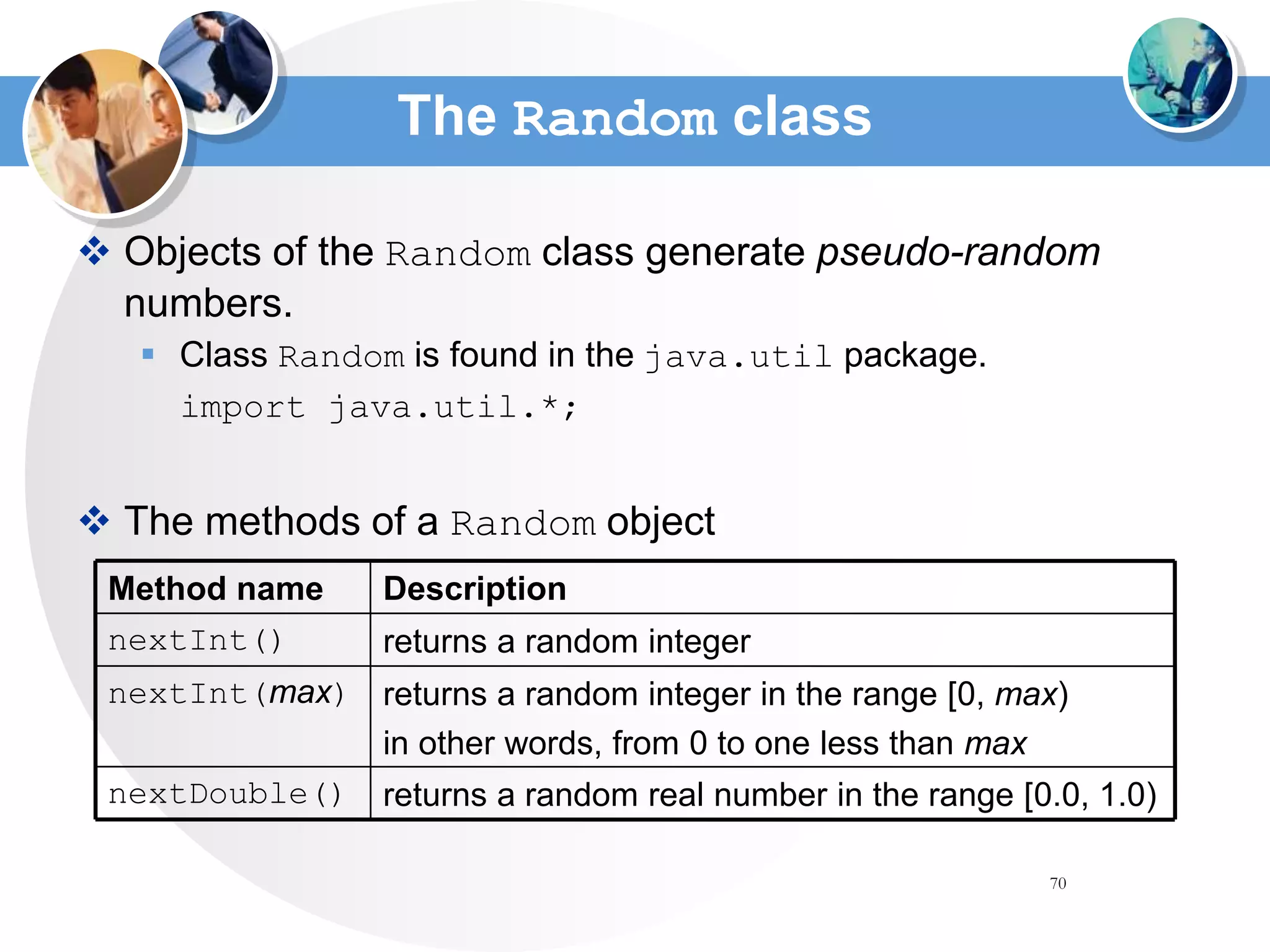70
The Random class
 Objects of the Random class generate pseudo-random
numbers.
 Class Random is found in the java.util package.
import java.util.*;
 The methods of a Random object
returns a random real number in the range [0.0, 1.0)
nextDouble()
returns a random integer in the range [0, max)
in other words, from 0 to one less than max
nextInt(max)
returns a random integer
nextInt()
Description
Method name
 