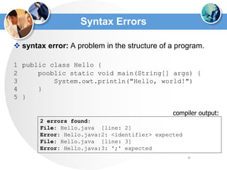 11
Syntax Errors
 syntax error: A problem in the structure of a program.
1 public class Hello {
2 pooblic static void main(String[] args) {
3 System.owt.println("Hello, world!")
4 }
5 }
2 errors found:
File: Hello.java [line: 2]
Error: Hello.java:2: <identifier> expected
File: Hello.java [line: 3]
Error: Hello.java:3: ';' expected
compiler output:
 