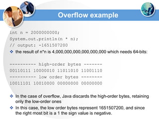 Overflow example
int n = 2000000000;
System.out.println(n * n);
// output: -1651507200
 the result of n*n is 4,000,000,000,000,000,000 which needs 64-bits:
---------- high-order bytes -------
00110111 10000010 11011010 11001110
---------- low order bytes --------
10011101 10010000 00000000 00000000
 In the case of overflow, Java discards the high-order bytes, retaining
only the low-order ones
 In this case, the low order bytes represent 1651507200, and since
the right most bit is a 1 the sign value is negative.
 