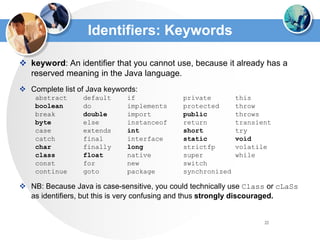 22
Identifiers: Keywords
 keyword: An identifier that you cannot use, because it already has a
reserved meaning in the Java language.
 Complete list of Java keywords:
abstract default if private this
boolean do implements protected throw
break double import public throws
byte else instanceof return transient
case extends int short try
catch final interface static void
char finally long strictfp volatile
class float native super while
const for new switch
continue goto package synchronized
 NB: Because Java is case-sensitive, you could technically use Class or cLaSs
as identifiers, but this is very confusing and thus strongly discouraged.
 