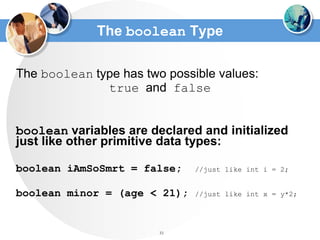33
The boolean Type
The boolean type has two possible values:
true and false
boolean variables are declared and initialized
just like other primitive data types:
boolean iAmSoSmrt = false; //just like int i = 2;
boolean minor = (age < 21); //just like int x = y*2;
 