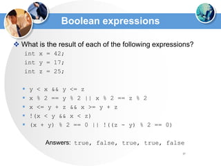 37
 What is the result of each of the following expressions?
int x = 42;
int y = 17;
int z = 25;
 y < x && y <= z
 x % 2 == y % 2 || x % 2 == z % 2
 x <= y + z && x >= y + z
 !(x < y && x < z)
 (x + y) % 2 == 0 || !((z - y) % 2 == 0)
Answers: true, false, true, true, false
Boolean expressions
 