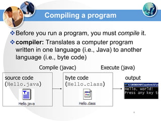 6
Compiling a program
Before you run a program, you must compile it.
compiler: Translates a computer program
written in one language (i.e., Java) to another
language (i.e., byte code)
Compile (javac) Execute (java)
output
source code
(Hello.java)
byte code
(Hello.class)
 