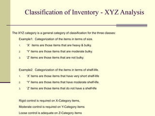 Classification of Inventory - XYZ Analysis
The XYZ category is a general category of classification for the three classes:
Example1: Categorization of the items in terms of size.
1. ‘X’ items are those items that are heavy & bulky.
2. ‘Y’ items are those items that are moderate bulky.
3. ‘Z’ items are those items that are not bulky.
Example2: Categorization of the items in terms of shelf-life.
1. ‘X’ items are those items that have very short shelf-life
2. ‘Y’ items are those items that have moderate shelf-life.
3. ‘Z’ items are those items that do not have a shelf-life
Rigid control is required on X-Category items,
Moderate control is required on Y-Category items
Loose control is adequate on Z-Category items
 