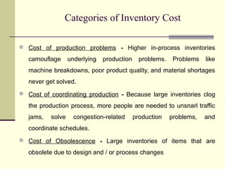 Categories of Inventory Cost
 Cost of production problems - Higher in-process inventories
camouflage underlying production problems. Problems like
machine breakdowns, poor product quality, and material shortages
never get solved.
 Cost of coordinating production - Because large inventories clog
the production process, more people are needed to unsnarl traffic
jams, solve congestion-related production problems, and
coordinate schedules.
 Cost of Obsolescence - Large inventories of items that are
obsolete due to design and / or process changes
 