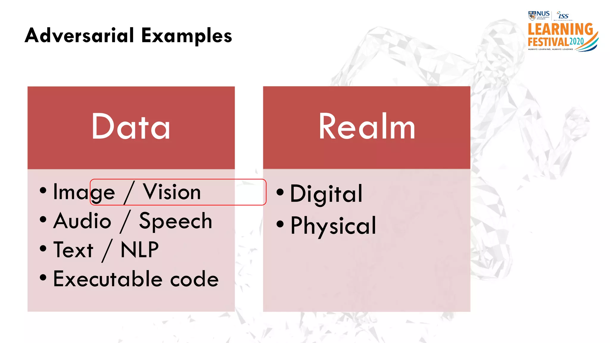 Adversarial Examples
Data
• Image / Vision
• Audio / Speech
• Text / NLP
• Executable code
Realm
• Digital
• Physical
 