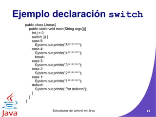 Ejemplo declaración  switch public class Lineas{ public static void main(String args[]){ int j = 0; switch (j) { case 5: System.out.println("5********"); case 4: System.out.println("4********"); break; case 3: System.out.println("3********"); case 2: System.out.println("2********"); case 1: System.out.println("1********"); default: System.out.println(“Por defecto"); } } } 