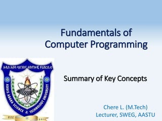 Fundamentals of
Computer Programming
Summary of Key Concepts
Chere L. (M.Tech)
Lecturer, SWEG, AASTU
 