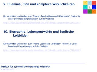 Institut für systemische Beratung, Wiesloch
www.isb-w.de
9. Dilemma, Sinn und komplexe Wirklichkeiten
Kernschriften und Audios zum Thema „Zwickmühlen und Dilemmata“ finden Sie
unter Download-Empfehlungen auf der Website
http://www.systemische-professionalitaet.de/isbweb/content/view/247/291/ !
10. Biographie, Lebensentwürfe und Seelische
Leitbilder
Kernschriften und Audios zum Thema „Seelische Leitbilder“ finden Sie unter
Download-Empfehlungen auf der Website
http://www.systemische-professionalitaet.de/isbweb/content/view/241/288/ !
 