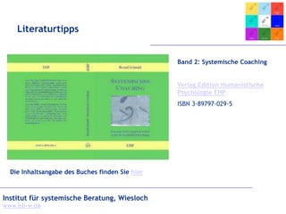 Institut für systemische Beratung, Wiesloch
www.isb-w.de
Literaturtipps
Band 2: Systemische Coaching
Verlag Edition Humanistische
Psychologie EHP
ISBN 3-89797-029-5
Die Inhaltsangabe des Buches finden Sie hier
 