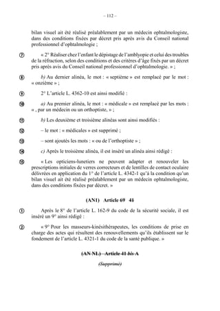 – 112 –
bilan visuel ait été réalisé préalablement par un médecin ophtalmologiste,
dans des conditions fixées par décret pris après avis du Conseil national
professionnel d’ophtalmologie ;
« 2° Réaliser chez l’enfant le dépistage de l’amblyopie et celui des troubles
de la réfraction, selon des conditions et des critères d’âge fixés par un décret
pris après avis du Conseil national professionnel d’ophtalmologie. » ;
b) Au dernier alinéa, le mot : « septième » est remplacé par le mot :
« onzième » ;
2° L’article L. 4362-10 est ainsi modifié :
a) Au premier alinéa, le mot : « médicale » est remplacé par les mots :
« , par un médecin ou un orthoptiste, » ;
b) Les deuxième et troisième alinéas sont ainsi modifiés :
– le mot : « médicales » est supprimé ;
– sont ajoutés les mots : « ou de l’orthoptiste » ;
c) Après le troisième alinéa, il est inséré un alinéa ainsi rédigé :
« Les opticiens-lunetiers ne peuvent adapter et renouveler les
prescriptions initiales de verres correcteurs et de lentilles de contact oculaire
délivrées en application du 1° de l’article L. 4342-1 qu’à la condition qu’un
bilan visuel ait été réalisé préalablement par un médecin ophtalmologiste,
dans des conditions fixées par décret. »
(AN1) Article 69 41
Après le 8° de l’article L. 162-9 du code de la sécurité sociale, il est
inséré un 9° ainsi rédigé :
« 9° Pour les masseurs-kinésithérapeutes, les conditions de prise en
charge des actes qui résultent des renouvellements qu’ils établissent sur le
fondement de l’article L. 4321-1 du code de la santé publique. »
(AN NL) Article 41 bis A
(Supprimé)











 