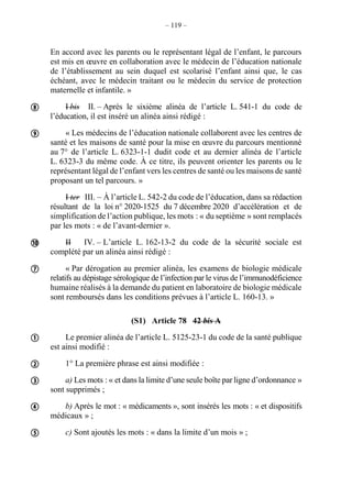 – 119 –
En accord avec les parents ou le représentant légal de l’enfant, le parcours
est mis en œuvre en collaboration avec le médecin de l’éducation nationale
de l’établissement au sein duquel est scolarisé l’enfant ainsi que, le cas
échéant, avec le médecin traitant ou le médecin du service de protection
maternelle et infantile. »
I bis II. – Après le sixième alinéa de l’article L. 541-1 du code de
l’éducation, il est inséré un alinéa ainsi rédigé :
« Les médecins de l’éducation nationale collaborent avec les centres de
santé et les maisons de santé pour la mise en œuvre du parcours mentionné
au 7° de l’article L. 6323-1-1 dudit code et au dernier alinéa de l’article
L. 6323-3 du même code. À ce titre, ils peuvent orienter les parents ou le
représentant légal de l’enfant vers les centres de santé ou les maisons de santé
proposant un tel parcours. »
I ter III. – À l’article L. 542-2 du code de l’éducation, dans sa rédaction
résultant de la loi n° 2020-1525 du 7 décembre 2020 d’accélération et de
simplification de l’action publique, les mots : « du septième » sont remplacés
par les mots : « de l’avant-dernier ».
II IV. – L’article L. 162-13-2 du code de la sécurité sociale est
complété par un alinéa ainsi rédigé :
« Par dérogation au premier alinéa, les examens de biologie médicale
relatifs au dépistage sérologique de l’infection par le virus de l’immunodéficience
humaine réalisés à la demande du patient en laboratoire de biologie médicale
sont remboursés dans les conditions prévues à l’article L. 160-13. »
(S1) Article 78 42 bis A
Le premier alinéa de l’article L. 5125-23-1 du code de la santé publique
est ainsi modifié :
1° La première phrase est ainsi modifiée :
a) Les mots : « et dans la limite d’une seule boîte par ligne d’ordonnance »
sont supprimés ;
b) Après le mot : « médicaments », sont insérés les mots : « et dispositifs
médicaux » ;
c) Sont ajoutés les mots : « dans la limite d’un mois » ;









 