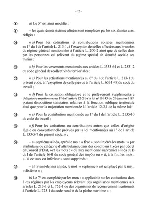 – 12 –
a) Le 5° est ainsi modifié :
– les quatrième à sixième alinéas sont remplacés par les six alinéas ainsi
rédigés :
« a) Pour les cotisations et contributions sociales mentionnées
au 1° du I de l’article L. 213-1, à l’exception de celles affectées aux branches
du régime général mentionnées à l’article L. 200-2 ainsi que de celles dues
par les personnes qui relèvent du régime spécial de sécurité sociale des
marins ;
« b) Pour les versements mentionnés aux articles L. 2333-64 et L. 2531-2
du code général des collectivités territoriales ;
« c) Pour les cotisations mentionnées au 6° du I de l’article L. 213-1 du
présent code, à l’exception de celle prévue à l’article L. 6331-48 du code du
travail ;
« d) Pour la cotisation obligatoire et le prélèvement supplémentaire
obligatoirementionnésau 1°del’article 12-2delaloi n° 84-53du 26 janvier 1984
portant dispositions statutaires relatives à la fonction publique territoriale
ainsi que pour la majoration mentionnée à l’article 12-2-1 de la même loi ;
« e) Pour la contribution mentionnée au 1° du I de l’article L. 2135-10
du code du travail ;
« f) Pour les cotisations ou contributions autres que celles d’origine
légale ou conventionnelle prévues par la loi mentionnées au 1° de l’article
L. 133-5-7 du présent code. » ;
– au septième alinéa, après le mot : « fixé », sont insérés les mots : « par
attributaire ou catégorie d’attributaires, dans des conditions fixées par décret
en Conseil d’État, » et les mots : « du taux mentionné au premier alinéa du B
du I de l’article 1641 du code général des impôts ou » et, à la fin, les mots :
« , si ce taux est inférieur » sont supprimés ;
– à l’avant-dernier alinéa, le mot : « septième » est remplacé par le mot :
« dixième » ;
b) Le 7° est complété par les mots : « applicable sur les cotisations dues
à ces régimes par les employeurs relevant des organismes mentionnés aux
articles L. 213-1 et L. 752-1 ou des organismes de recouvrement mentionnés
à l’article L. 723-1 du code rural et de la pêche maritime » ;











 