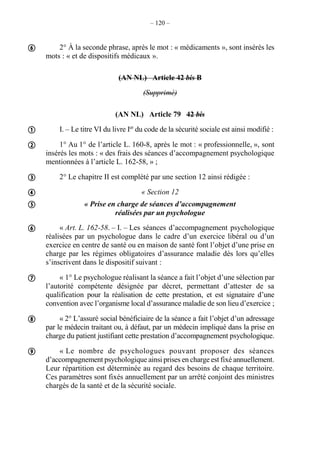 – 120 –
2° À la seconde phrase, après le mot : « médicaments », sont insérés les
mots : « et de dispositifs médicaux ».
(AN NL) Article 42 bis B
(Supprimé)
(AN NL) Article 79 42 bis
I. – Le titre VI du livre Ier
du code de la sécurité sociale est ainsi modifié :
1° Au 1° de l’article L. 160-8, après le mot : « professionnelle, », sont
insérés les mots : « des frais des séances d’accompagnement psychologique
mentionnées à l’article L. 162-58, » ;
2° Le chapitre II est complété par une section 12 ainsi rédigée :
« Section 12
« Prise en charge de séances d’accompagnement
réalisées par un psychologue
« Art. L. 162-58. – I. – Les séances d’accompagnement psychologique
réalisées par un psychologue dans le cadre d’un exercice libéral ou d’un
exercice en centre de santé ou en maison de santé font l’objet d’une prise en
charge par les régimes obligatoires d’assurance maladie dès lors qu’elles
s’inscrivent dans le dispositif suivant :
« 1° Le psychologue réalisant la séance a fait l’objet d’une sélection par
l’autorité compétente désignée par décret, permettant d’attester de sa
qualification pour la réalisation de cette prestation, et est signataire d’une
convention avec l’organisme local d’assurance maladie de son lieu d’exercice ;
« 2° L’assuré social bénéficiaire de la séance a fait l’objet d’un adressage
par le médecin traitant ou, à défaut, par un médecin impliqué dans la prise en
charge du patient justifiant cette prestation d’accompagnement psychologique.
« Le nombre de psychologues pouvant proposer des séances
d’accompagnement psychologique ainsi prises en charge est fixé annuellement.
Leur répartition est déterminée au regard des besoins de chaque territoire.
Ces paramètres sont fixés annuellement par un arrêté conjoint des ministres
chargés de la santé et de la sécurité sociale.










 