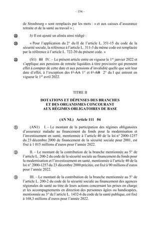 – 154 –
de Strasbourg » sont remplacés par les mots : « et aux caisses d’assurance
retraite et de la santé au travail » ;
b) Il est ajouté un alinéa ainsi rédigé :
« Pour l’application du 2° du II de l’article L. 351-15 du code de la
sécurité sociale, la référence à l’article L. 311-3 du même code est remplacée
par la référence à l’article L. 722-20 du présent code. »
(S1) III IV. – Le présent article entre en vigueur le 1er
janvier 2022 et
s’applique aux pensions de retraite liquidées à titre provisoire qui prennent
effet à compter de cette date et aux pensions d’invalidité quelle que soit leur
date d’effet, à l’exception des 1° AA 1° et 1° AB 2° du I qui entrent en
vigueur le 1er
avril 2022.
TITRE II
DOTATIONS ET DÉPENSES DES BRANCHES
ET DES ORGANISMES CONCOURANT
AUX RÉGIMES OBLIGATOIRES DE BASE
(AN NL) Article 111 54
(AN1) I. – Le montant de la participation des régimes obligatoires
d’assurance maladie au financement du fonds pour la modernisation et
l’investissement en santé, mentionnée à l’article 40 de la loi n° 2000-1257
du 23 décembre 2000 de financement de la sécurité sociale pour 2001, est
fixé à 1 015 millions d’euros pour l’année 2022.
II. – Le montant de la contribution de la branche mentionnée au 5° de
l’article L. 200-2 du code de la sécurité sociale au financement du fonds pour
la modernisation et l’investissement en santé, mentionnée à l’article 40 de la
loi n° 2000-1257 du 23 décembre 2000 précitée, est fixé à 90 millions d’euros
pour l’année 2022.
III. – Le montant de la contribution de la branche mentionnée au 5° de
l’article L. 200-2 du code de la sécurité sociale au financement des agences
régionales de santé au titre de leurs actions concernant les prises en charge
et les accompagnements en direction des personnes âgées ou handicapées,
mentionnée au 3° de l’article L. 1432-6 du code de la santé publique, est fixé
à 168,3 millions d’euros pour l’année 2022.







 