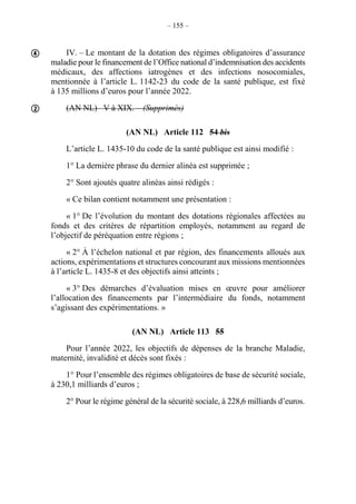 – 155 –
IV. – Le montant de la dotation des régimes obligatoires d’assurance
maladie pour le financement de l’Office national d’indemnisation des accidents
médicaux, des affections iatrogènes et des infections nosocomiales,
mentionnée à l’article L. 1142-23 du code de la santé publique, est fixé
à 135 millions d’euros pour l’année 2022.
(AN NL) V à XIX. – (Supprimés)
(AN NL) Article 112 54 bis
L’article L. 1435-10 du code de la santé publique est ainsi modifié :
1° La dernière phrase du dernier alinéa est supprimée ;
2° Sont ajoutés quatre alinéas ainsi rédigés :
« Ce bilan contient notamment une présentation :
« 1° De l’évolution du montant des dotations régionales affectées au
fonds et des critères de répartition employés, notamment au regard de
l’objectif de péréquation entre régions ;
« 2° À l’échelon national et par région, des financements alloués aux
actions, expérimentations et structures concourant aux missions mentionnées
à l’article L. 1435-8 et des objectifs ainsi atteints ;
« 3° Des démarches d’évaluation mises en œuvre pour améliorer
l’allocation des financements par l’intermédiaire du fonds, notamment
s’agissant des expérimentations. »
(AN NL) Article 113 55
Pour l’année 2022, les objectifs de dépenses de la branche Maladie,
maternité, invalidité et décès sont fixés :
1° Pour l’ensemble des régimes obligatoires de base de sécurité sociale,
à 230,1 milliards d’euros ;
2° Pour le régime général de la sécurité sociale, à 228,6 milliards d’euros.


 