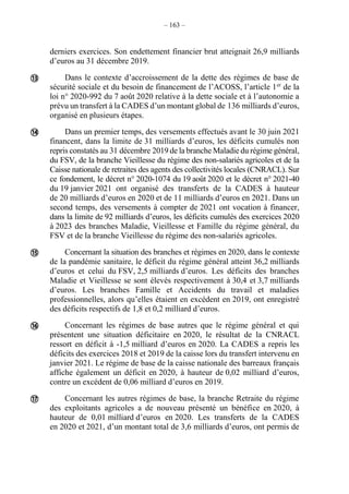 – 163 –
derniers exercices. Son endettement financier brut atteignait 26,9 milliards
d’euros au 31 décembre 2019.
Dans le contexte d’accroissement de la dette des régimes de base de
sécurité sociale et du besoin de financement de l’ACOSS, l’article 1er
de la
loi n° 2020-992 du 7 août 2020 relative à la dette sociale et à l’autonomie a
prévu un transfert à la CADES d’un montant global de 136 milliards d’euros,
organisé en plusieurs étapes.
Dans un premier temps, des versements effectués avant le 30 juin 2021
financent, dans la limite de 31 milliards d’euros, les déficits cumulés non
repris constatés au 31 décembre 2019 de la branche Maladie du régime général,
du FSV, de la branche Vieillesse du régime des non-salariés agricoles et de la
Caisse nationale de retraites des agents des collectivités locales (CNRACL). Sur
ce fondement, le décret n° 2020-1074 du 19 août 2020 et le décret n° 2021-40
du 19 janvier 2021 ont organisé des transferts de la CADES à hauteur
de 20 milliards d’euros en 2020 et de 11 milliards d’euros en 2021. Dans un
second temps, des versements à compter de 2021 ont vocation à financer,
dans la limite de 92 milliards d’euros, les déficits cumulés des exercices 2020
à 2023 des branches Maladie, Vieillesse et Famille du régime général, du
FSV et de la branche Vieillesse du régime des non-salariés agricoles.
Concernant la situation des branches et régimes en 2020, dans le contexte
de la pandémie sanitaire, le déficit du régime général atteint 36,2 milliards
d’euros et celui du FSV, 2,5 milliards d’euros. Les déficits des branches
Maladie et Vieillesse se sont élevés respectivement à 30,4 et 3,7 milliards
d’euros. Les branches Famille et Accidents du travail et maladies
professionnelles, alors qu’elles étaient en excédent en 2019, ont enregistré
des déficits respectifs de 1,8 et 0,2 milliard d’euros.
Concernant les régimes de base autres que le régime général et qui
présentent une situation déficitaire en 2020, le résultat de la CNRACL
ressort en déficit à -1,5 milliard d’euros en 2020. La CADES a repris les
déficits des exercices 2018 et 2019 de la caisse lors du transfert intervenu en
janvier 2021. Le régime de base de la caisse nationale des barreaux français
affiche également un déficit en 2020, à hauteur de 0,02 milliard d’euros,
contre un excédent de 0,06 milliard d’euros en 2019.
Concernant les autres régimes de base, la branche Retraite du régime
des exploitants agricoles a de nouveau présenté un bénéfice en 2020, à
hauteur de 0,01 milliard d’euros en 2020. Les transferts de la CADES
en 2020 et 2021, d’un montant total de 3,6 milliards d’euros, ont permis de





 