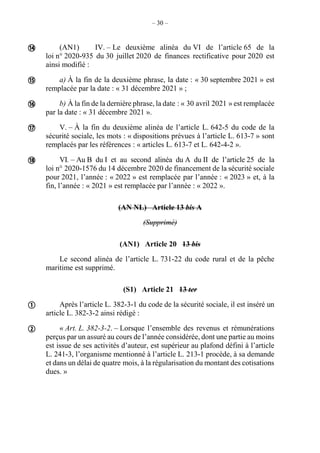 – 30 –
(AN1) IV. – Le deuxième alinéa du VI de l’article 65 de la
loi n° 2020-935 du 30 juillet 2020 de finances rectificative pour 2020 est
ainsi modifié :
a) À la fin de la deuxième phrase, la date : « 30 septembre 2021 » est
remplacée par la date : « 31 décembre 2021 » ;
b) À la fin de la dernière phrase, la date : « 30 avril 2021 » est remplacée
par la date : « 31 décembre 2021 ».
V. – À la fin du deuxième alinéa de l’article L. 642-5 du code de la
sécurité sociale, les mots : « dispositions prévues à l’article L. 613-7 » sont
remplacés par les références : « articles L. 613-7 et L. 642-4-2 ».
VI. – Au B du I et au second alinéa du A du II de l’article 25 de la
loi n° 2020-1576 du 14 décembre 2020 de financement de la sécurité sociale
pour 2021, l’année : « 2022 » est remplacée par l’année : « 2023 » et, à la
fin, l’année : « 2021 » est remplacée par l’année : « 2022 ».
(AN NL) Article 13 bis A
(Supprimé)
(AN1) Article 20 13 bis
Le second alinéa de l’article L. 731-22 du code rural et de la pêche
maritime est supprimé.
(S1) Article 21 13 ter
Après l’article L. 382-3-1 du code de la sécurité sociale, il est inséré un
article L. 382-3-2 ainsi rédigé :
« Art. L. 382-3-2. – Lorsque l’ensemble des revenus et rémunérations
perçus par un assuré au cours de l’année considérée, dont une partie au moins
est issue de ses activités d’auteur, est supérieur au plafond défini à l’article
L. 241-3, l’organisme mentionné à l’article L. 213-1 procède, à sa demande
et dans un délai de quatre mois, à la régularisation du montant des cotisations
dues. »








 