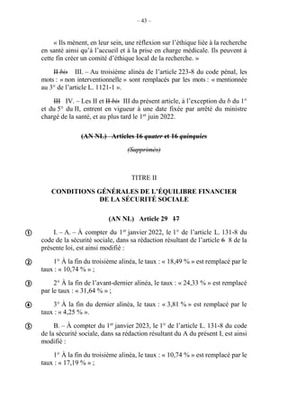 – 43 –
« Ils mènent, en leur sein, une réflexion sur l’éthique liée à la recherche
en santé ainsi qu’à l’accueil et à la prise en charge médicale. Ils peuvent à
cette fin créer un comité d’éthique local de la recherche. »
II bis III. – Au troisième alinéa de l’article 223-8 du code pénal, les
mots : « non interventionnelle » sont remplacés par les mots : « mentionnée
au 3° de l’article L. 1121-1 ».
III IV. – Les II et II bis III du présent article, à l’exception du b du 1°
et du 5° du II, entrent en vigueur à une date fixée par arrêté du ministre
chargé de la santé, et au plus tard le 1er
juin 2022.
(AN NL) Articles 16 quater et 16 quinquies
(Supprimés)
TITRE II
CONDITIONS GÉNÉRALES DE L’ÉQUILIBRE FINANCIER
DE LA SÉCURITÉ SOCIALE
(AN NL) Article 29 17
I. – A. – À compter du 1er
janvier 2022, le 1° de l’article L. 131-8 du
code de la sécurité sociale, dans sa rédaction résultant de l’article 6 8 de la
présente loi, est ainsi modifié :
1° À la fin du troisième alinéa, le taux : « 18,49 % » est remplacé par le
taux : « 10,74 % » ;
2° À la fin de l’avant-dernier alinéa, le taux : « 24,33 % » est remplacé
par le taux : « 31,64 % » ;
3° À la fin du dernier alinéa, le taux : « 3,81 % » est remplacé par le
taux : « 4,25 % ».
B. – À compter du 1er
janvier 2023, le 1° de l’article L. 131-8 du code
de la sécurité sociale, dans sa rédaction résultant du A du présent I, est ainsi
modifié :
1° À la fin du troisième alinéa, le taux : « 10,74 % » est remplacé par le
taux : « 17,19 % » ;





 
