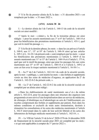 – 58 –
3° À la fin du premier alinéa du II, la date : « 31 décembre 2021 » est
remplacée par la date : « 31 mars 2022 ».
(AN1) Article 38 26
I. – Le dernier alinéa du I de l’article L. 160-13 du code de la sécurité
sociale est ainsi modifié :
1° Après le mot : « réduit », la fin de la troisième phrase est ainsi
rédigée : « pour les assurés mentionnés aux 3° et 4° de l’article L. 160-14 et
pour les bénéficiaires des prestations mentionnées à l’article L. 431-1, quel
que soit le motif du passage. » ;
2° À la fin de la dernière phrase, les mots : « dans les cas prévus à l’article
L. 160-9, aux 11°, 15° et 18° de l’article L. 160-14 ainsi qu’aux articles
L. 169-1 et L. 16-10-1 du présent code » sont remplacés par les mots : « pour
les bénéficiaires des prestations mentionnées à l’article L. 160-9 et les
assurés mentionnés aux 11° et 13° de l’article L. 160-14 et à l’article L. 371-6,
quel que soit le motif du passage, ainsi que pour les passages liés aux soins
mentionnés aux 15° et 18° de l’article L. 160-14 et à l’article L. 169-2 et
ceux en lien avec le risque sanitaire mentionné à l’article L. 16-10-1 ».
II. – Au 5° du I de l’article L. 162-14-1 du code de la sécurité sociale,
après le mot : « publique, », sont insérés les mots : « des forfaits et suppléments
versés au titre des soins de médecine d’urgence, en application du 2° de
l’article L. 162-22-8-2 du présent code, ».
III. – Le 2° de l’article L. 162-22-8-2 du code de la sécurité sociale est
complété par un alinéa ainsi rédigé :
« Dans les établissements de santé mentionnés aux d et e du même
article L. 162-22-6, pour les passages dans une structure des urgences non
programmés et non suivis d’une hospitalisation dans un service de médecine,
de chirurgie, d’obstétrique ou d’odontologie au sein de l’établissement, ces
recettes comprennent des forfaits et suppléments par patient, fixés dans les
mêmes conditions et exclusifs de toute autre rémunération, destinés à
rémunérer les consultations et les actes des médecins mentionnés à l’article
L. 162-5 intervenant dans le cadre de leur activité libérale et les actes des
laboratoires de biologie médicale mentionnés à l’article L. 162-14 ; ».
IV. – Le VIII de l’article 51 de la loi n° 2020-1576 du 14 décembre 2020
de financement de la sécurité sociale pour 2021 est complété par les mots :
« et qui sont applicables à compter du 1er
janvier 2022 ».








 