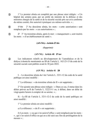 – 60 –
1° Le premier alinéa est complété par une phrase ainsi rédigée : « Un
hôpital des armées peut, par un arrêté du ministre de la défense et des
ministres chargés de la santé et de la sécurité sociale pris sur avis conforme
du même comité, être autorisé à pratiquer ces mêmes activités. » ;
1° bis 2° Au deuxième alinéa, les mots : « cette autorisation » sont
remplacés par les mots : « ces autorisations » ;
2° 3° Au troisième alinéa, après le mot : « manquement », sont insérés
les mots : « d’un établissement de santé ».
(AN NL) Article 27 bis
(Supprimé)
(AN NL) Article 40 27 ter
Les indicateurs relatifs au développement de l’autodialyse et de la
dialyse à domicile mentionnés au III de l’article L. 162-23-15 du code de la
sécurité sociale sont publiés avant le 30 juin 2022.
(AN NL) Article 41 28
I. – Le deuxième alinéa du I de l’article L. 3211-12 du code de la santé
publique est ainsi modifié :
1° La référence : « du troisième alinéa du II » est supprimée ;
2° Est ajoutée une phrase ainsi rédigée : « Dans ce cas, il statue dans les
délais prévus au II de l’article L. 3222-5-1 ou, à défaut, dans un délai de
vingt-quatre heures à compter de sa saisine. » ;
II. – Le III de l’article L. 3211-12-2 du code de la santé publique est
ainsi modifié :
1° Le premier alinéa est ainsi modifié :
a) La référence : « du II » est supprimée ;
b) Les mots : « ou qui s’en saisit d’office » sont remplacés par les mots :
« , qui s’en saisit d’office ou qui en a été saisi aux fins de prolongation de la
mesure » ;




 