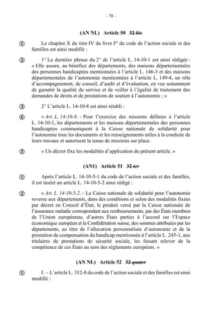 – 78 –
(AN NL) Article 50 32 bis
Le chapitre X du titre IV du livre Ier
du code de l’action sociale et des
familles est ainsi modifié :
1° La dernière phrase du 2° de l’article L. 14-10-1 est ainsi rédigée :
« Elle assure, au bénéfice des départements, des maisons départementales
des personnes handicapées mentionnées à l’article L. 146-3 et des maisons
départementales de l’autonomie mentionnées à l’article L. 149-4, un rôle
d’accompagnement, de conseil, d’audit et d’évaluation, en vue notamment
de garantir la qualité du service et de veiller à l’égalité de traitement des
demandes de droits et de prestations de soutien à l’autonomie ; »
2° L’article L. 14-10-8 est ainsi rétabli :
« Art. L. 14-10-8. – Pour l’exercice des missions définies à l’article
L. 14-10-1, les départements et les maisons départementales des personnes
handicapées communiquent à la Caisse nationale de solidarité pour
l’autonomie tous les documents et les renseignements utiles à la conduite de
leurs travaux et autorisent la tenue de missions sur place.
« Un décret fixe les modalités d’application du présent article. »
(AN1) Article 51 32 ter
Après l’article L. 14-10-5-1 du code de l’action sociale et des familles,
il est inséré un article L. 14-10-5-2 ainsi rédigé :
« Art. L. 14-10-5-2. – La Caisse nationale de solidarité pour l’autonomie
reverse aux départements, dans des conditions et selon des modalités fixées
par décret en Conseil d’État, le produit versé par la Caisse nationale de
l’assurance maladie correspondant aux remboursements, par des États membres
de l’Union européenne, d’autres États parties à l’accord sur l’Espace
économique européen et la Confédération suisse, des sommes attribuées par les
départements, au titre de l’allocation personnalisée d’autonomie et de la
prestation de compensation du handicap mentionnée à l’article L. 245-1, aux
titulaires de prestations de sécurité sociale, les faisant relever de la
compétence de ces États au sens des règlements européens. »
(AN NL) Article 52 32 quater
I. – L’article L. 312-8 du code de l’action sociale et des familles est ainsi
modifié :








 