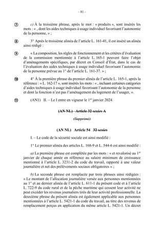– 81 –
c) À la troisième phrase, après le mot : « produits », sont insérés les
mots : « , dont les aides techniques à usage individuel favorisant l’autonomie
de la personne, » ;
3° Après le troisième alinéa de l’article L. 161-41, il est inséré un alinéa
ainsi rédigé :
« La composition, les règles de fonctionnement et les critères d’évaluation
de la commission mentionnée à l’article L. 165-1 peuvent faire l’objet
d’aménagements spécifiques, par décret en Conseil d’État, dans le cas de
l’évaluation des aides techniques à usage individuel favorisant l’autonomie
de la personne prévue au 1° de l’article L. 161-37. » ;
4° À la première phrase du premier alinéa de l’article L. 165-1, après la
référence : « L. 162-17 », sont insérés les mots : « , incluant certaines catégories
d’aides techniques à usage individuel favorisant l’autonomie de la personne
et dont la fonction n’est pas l’aménagement du logement de l’usager, ».
(AN1) II. – Le I entre en vigueur le 1er
janvier 2024.
(AN NL) Article 32 sexies A
(Supprimé)
(AN NL) Article 54 32 sexies
I. – Le code de la sécurité sociale est ainsi modifié :
1° Le premier alinéa des articles L. 168-9 et L. 544-6 est ainsi modifié :
a) La première phrase est complétée par les mots : « et revalorisé au 1er
janvier de chaque année en référence au salaire minimum de croissance
mentionné à l’article L. 3231-2 du code du travail, rapporté à une valeur
journalière et net des prélèvements sociaux obligatoires » ;
b) La seconde phrase est remplacée par trois phrases ainsi rédigées :
« Le montant de l’allocation journalière versée aux personnes mentionnées
au 1° et au dernier alinéa de l’article L. 611-1 du présent code et à l’article
L. 722-9 du code rural et de la pêche maritime qui cessent leur activité ne
peut excéder les revenus journaliers tirés de leur activité professionnelle. La
deuxième phrase du présent alinéa est également applicable aux personnes
mentionnées à l’article L. 5421-1 du code du travail, au titre des revenus de
remplacement perçus en application du même article L. 5421-1. Un décret





 