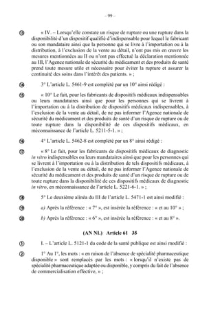 – 99 –
« IV. – Lorsqu’elle constate un risque de rupture ou une rupture dans la
disponibilité d’un dispositif qualifié d’indispensable pour lequel le fabricant
ou son mandataire ainsi que la personne qui se livre à l’importation ou à la
distribution, à l’exclusion de la vente au détail, n’ont pas mis en œuvre les
mesures mentionnées au II ou n’ont pas effectué la déclaration mentionnée
au III, l’Agence nationale de sécurité du médicament et des produits de santé
prend toute mesure utile et nécessaire pour éviter la rupture et assurer la
continuité des soins dans l’intérêt des patients. » ;
3° L’article L. 5461-9 est complété par un 10° ainsi rédigé :
« 10° Le fait, pour les fabricants de dispositifs médicaux indispensables
ou leurs mandataires ainsi que pour les personnes qui se livrent à
l’importation ou à la distribution de dispositifs médicaux indispensables, à
l’exclusion de la vente au détail, de ne pas informer l’Agence nationale de
sécurité du médicament et des produits de santé d’un risque de rupture ou de
toute rupture dans la disponibilité de ces dispositifs médicaux, en
méconnaissance de l’article L. 5211-5-1. » ;
4° L’article L. 5462-8 est complété par un 8° ainsi rédigé :
« 8° Le fait, pour les fabricants de dispositifs médicaux de diagnostic
in vitro indispensables ou leurs mandataires ainsi que pour les personnes qui
se livrent à l’importation ou à la distribution de tels dispositifs médicaux, à
l’exclusion de la vente au détail, de ne pas informer l’Agence nationale de
sécurité du médicament et des produits de santé d’un risque de rupture ou de
toute rupture dans la disponibilité de ces dispositifs médicaux de diagnostic
in vitro, en méconnaissance de l’article L. 5221-6-1. » ;
5° Le deuxième alinéa du III de l’article L. 5471-1 est ainsi modifié :
a) Après la référence : « 7° », est insérée la référence : « et au 10° » ;
b) Après la référence : « 6° », est insérée la référence : « et au 8° ».
(AN NL) Article 61 35
I. – L’article L. 5121-1 du code de la santé publique est ainsi modifié :
1° Au 1°, les mots : « en raison de l’absence de spécialité pharmaceutique
disponible » sont remplacés par les mots : « lorsqu’il n’existe pas de
spécialité pharmaceutique adaptée ou disponible, y compris du fait de l’absence
de commercialisation effective, » ;










 