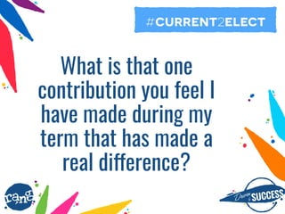 Driþnby SUCCESS
rang
What is that one
contribution you feel I
have made during my
term that has made a
real difference?
#current2elect
 