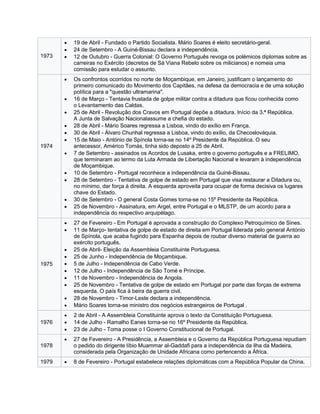 1973
 19 de Abril - Fundado o Partido Socialista. Mário Soares é eleito secretário-geral.
 24 de Setembro - A Guiné-Bissau declara a independência.
 12 de Outubro - Guerra Colonial: O Governo Português revoga os polémicos diplomas sobre as
carreiras no Exército (decretos de Sá Viana Rebelo sobre os milicianos) e nomeia uma
comissão para estudar o assunto.
1974
 Os confrontos ocorridos no norte de Moçambique, em Janeiro, justificam o lançamento do
primeiro comunicado do Movimento dos Capitães, na defesa da democracia e de uma solução
política para a "questão ultramarina".
 16 de Março - Tentavia frustada de golpe militar contra a ditadura que ficou conhecida como
o Levantamento das Caldas.
 25 de Abril - Revolução dos Cravos em Portugal depõe a ditadura. Início da 3.ª República.
A Junta de Salvação Nacionalassume a chefia do estado.
 28 de Abril - Mário Soares regressa a Lisboa, vindo do exílio em França.
 30 de Abril - Álvaro Chunhal regressa a Lisboa, vindo do exílio, da Checoslováquia.
 15 de Maio - António de Spínola torna-se no 14º Presidente da República. O seu
antecessor, Américo Tomás, tinha sido deposto a 25 de Abril.
 7 de Setembro - assinados os Acordos de Lusaka, entre o governo português e a FRELIMO,
que terminaram ao termo da Luta Armada de Libertação Nacional e levaram à independência
de Moçambique.
 10 de Setembro - Portugal reconhece a independência da Guiné-Bissau.
 28 de Setembro - Tentativa de golpe de estado em Portugal que visa restaurar a Ditadura ou,
no mínimo, dar força à direita. A esquerda aproveita para ocupar de forma decisiva os lugares
chave do Estado.
 30 de Setembro - O general Costa Gomes torna-se no 15º Presidente da República.
 25 de Novembro - Assinatura, em Argel, entre Portugal e o MLSTP, de um acordo para a
independência do respectivo arquipélago.
1975
 27 de Fevereiro - Em Portugal é aprovada a construção do Complexo Petroquímico de Sines.
 11 de Março- tentativa de golpe de estado de direita em Portugal liderada pelo general António
de Spínola, que acaba fugindo para Espanha depois de roubar diverso material de guerra ao
exército português.
 25 de Abril- Eleição da Assembleia Constituinte Portuguesa.
 25 de Junho - Independência de Moçambique.
 5 de Julho - Independência de Cabo Verde.
 12 de Julho - Independência de São Tomé e Príncipe.
 11 de Novembro - Independência de Angola.
 25 de Novembro - Tentativa de golpe de estado em Portugal por parte das forças de extrema
esquerda. O país fica à beira da guerra civil.
 28 de Novembro - Timor-Leste declara a independência.
 Mário Soares torna-se ministro dos negócios estrangeiros de Portugal .
1976
 2 de Abril - A Assembleia Constituinte aprova o texto da Constituição Portuguesa.
 14 de Julho - Ramalho Eanes torna-se no 16º Presidente da República.
 23 de Julho - Toma posse o I Governo Constitucional de Portugal.
1978
 27 de Fevereiro - A Presidência, a Assembleia e o Governo da República Portuguesa repudiam
o pedido do dirigente líbio Muammar al-Gaddafi para a independência da ilha da Madeira,
considerada pela Organização de Unidade Africana como pertencendo a África.
1979  8 de Fevereiro - Portugal estabelece relações diplomáticas com a República Popular da China.
 