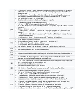  13 de Outubro - Quinta e última aparição de Nossa Senhora aos três pastorinhos de Fátima;
milhares de pessoas de todo o país vão à Cova da Iria em peregrinação e dá-se o famoso
"Milagre do Sol".
 26 de Novembro - Primeira Guerra Mundial: A Segunda Divisão do Corpo Expedicionário
Português assume a responsabilidade da sua parte do Sector Português na frente.
 5 de Dezembro - Sidónio Pais toma o poder.[1]
 Egas Moniz é nomeado embaixador de Portugal em Espanha.
1918
 22 de Fevereiro - A Lei da Separação é revista-[1]
 9 de Abril - O CEP sofre uma pesada derrota na Batalha de La Lys.
 28 de Abril - Sidónio Pais torna-se no 4.º Presidente da República depois de sufrágio universal
masculino.[1]
 Outubro - Epidemia de gripe.[1]
 11 de Novembro - É assinado o Armistício de Compiègne que pões fim a Primeira Guerra
Mundial.[1]
 14 de Dezembro - Sidónio Pais é assassinado.[1]
Conselho de Ministros liderado por Canto e
Castro, chefia a República.
 16 de Dezembro - Canto e Castro torna-se no 5.º Presidente da República.
1919
 19 de Janeiro - Monarquia do Norte.[2]
 Janeiro-Fevereiro - Guerra civil entre monárquicos e republicanos.[2]
 23 de Fevereiro - Fundado o jornal A Batalha.
 22 de Setembro - Revisão da Constituição de 1911.[2]
 5 de Outubro - António José de Almeida torna-se no 6º Presidente da República.
1920-
1921
 Portugal atinge a maior taxa de inflação de sempre.[2]
1920-
1923
 O general Norton de Matos é assume o cargo de alto-comissário da República em Angola.[2]
1921
 19 de Outubro - O chefe do governo, António Granjo, e o fundador da República, António
Machado Santos, são assassinados na "Noite Sangrenta".
1922
 17 de Junho - Chegada de Gago Coutinho e Sacadura Cabral ao 8Rio de Janeiro como meta
para a primeira travessia aérea do Atlântico Sul
 Nascimento de José Saramago , escritor
 Nascimento de Agustina Bessa-Luís , escritora
1923  6 de Outubro - Manuel Teixeira Gomes torna-se no 7º Presidente da República.
1925
 18 de Abril - Levantamento militar contra o Governo.[2]
 6 de Junho - Divisão do Partido Republicano Português no congresso.[2]
 25 de Novembro - É extinto o Ministério do Trabalho.
 11 de Dezembro - Bernardino Machado torna-se no 8º Presidente da República.
 17 de Dezembro - Manuel Teixeira Gomes abandona definitivamente Portugal.
 Início da transmissão regular de programas de rádio por Abílio Nunes dos Santos.[2]
1926
 28 de Maio - Um golpe de estado liderado pelo general Gomes da Costa em Braga leva à
queda da I República estabelece uma ditadura militar.[2]
 31 de Maio - Mendes Cabeçadas torna-se no 9º Presidente da República.
 17 de Junho - Gomes da Costa torna-se no 10º Presidente da República.
 16 de Novembro - Óscar Carmona torna-se no 11º Presidente da República (implicitamente).[3]
 