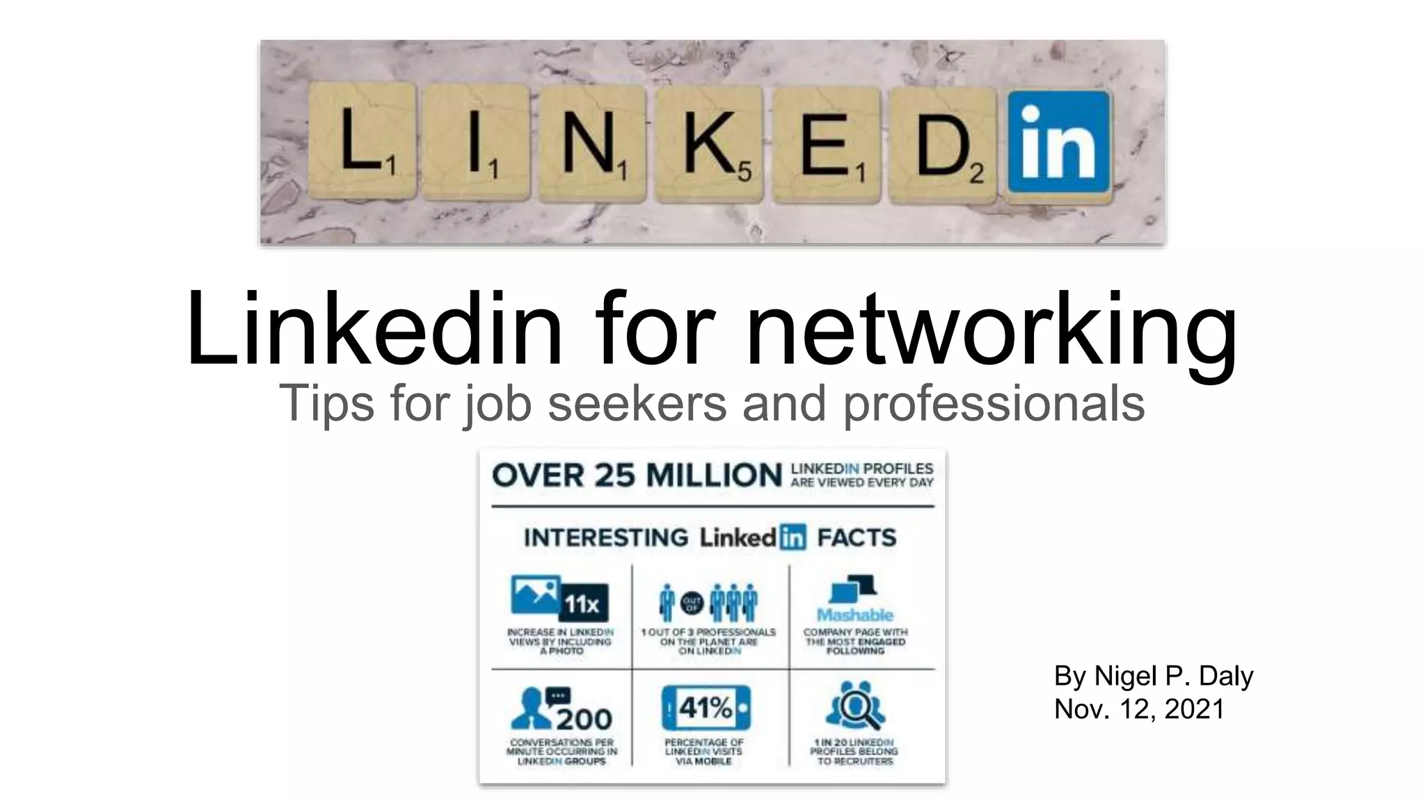 Linkedin for networking
Tips for job seekers and professionals
By Nigel P. Daly
Nov. 12, 2021
 