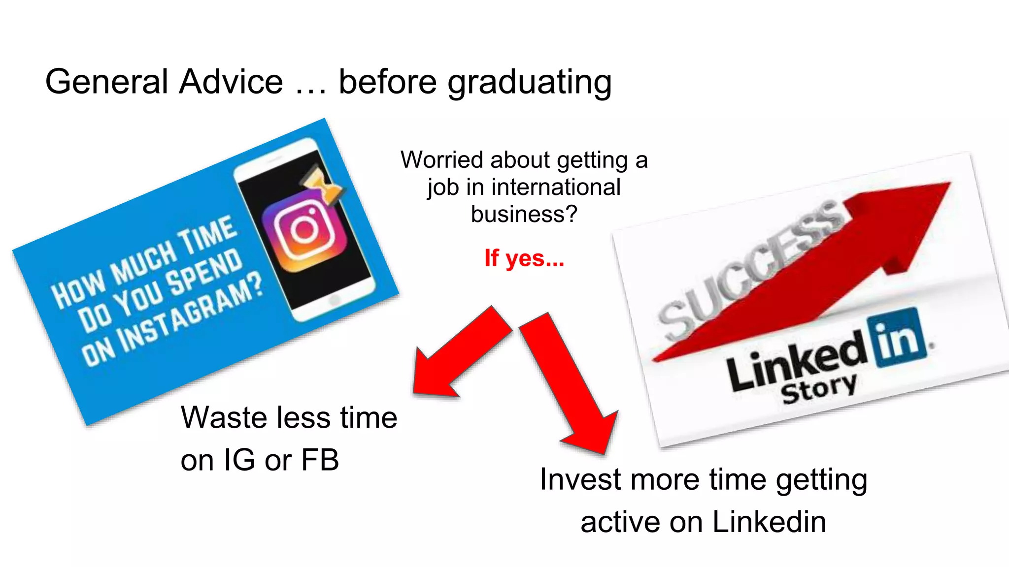 General Advice … before graduating
Worried about getting a
job in international
business?
If yes...
Waste less time
on IG or FB
Invest more time getting
active on Linkedin
 