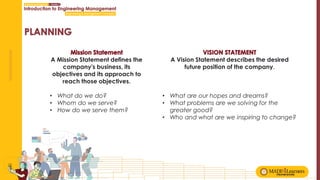 A Mission Statement defines the
company's business, its
objectives and its approach to
reach those objectives.
• What do we do?
• Whom do we serve?
• How do we serve them?
A Vision Statement describes the desired
future position of the company.
• What are our hopes and dreams?
• What problems are we solving for the
greater good?
• Who and what are we inspiring to change?
 