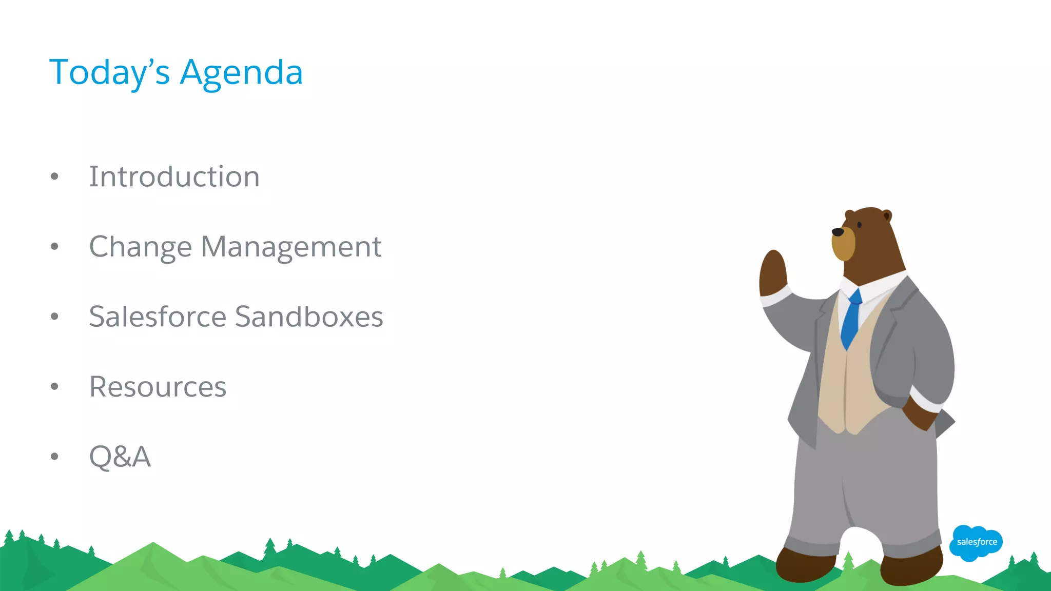 Today’s Agenda
•  Introduction
•  Change Management
•  Salesforce Sandboxes
•  Resources
•  Q&A
 