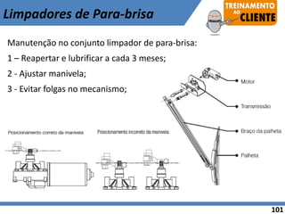 Manutenção no conjunto limpador de para-brisa:
1 – Reapertar e lubrificar a cada 3 meses;
2 - Ajustar manivela;
3 - Evitar folgas no mecanismo;
Limpadores de Para-brisa
101
 