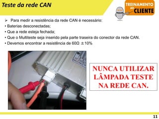 ➢ Para medir a resistência da rede CAN é necessário:
• Baterias desconectadas;
• Que a rede esteja fechada;
• Que o Multiteste seja inserido pela parte traseira do conector da rede CAN.
• Devemos encontrar a resistência de 60Ω ±10%
Teste da rede CAN
NUNCA UTILIZAR
LÂMPADA TESTE
NA REDE CAN.
11
 