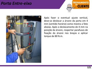 Porta Entre-eixo
Após fazer o eventual ajuste vertical,
deve-se deslocar a árvore da porta em 4
mm (sentido horário) como mostra a foto
abaixo. Após o deslocamento de 4 mm na
posição da árvore, reapertar parafusos de
fixação da árvore nos braços e aplicar
torque de 80 N.m.
121
 