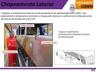 • Aquecer o revestimento externo à uma temperatura de aproximadamente 110ºC, mas
dependendo a temperatura ambiente, a chapa pode alcançar o coeficiente de dilatação antes
do alcance da temperatura de 110°;
• Aquecer revestimento
uniformemente utilizando 02 tochas
simultaneamente;
Chapeamento Lateral
155
 