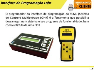 Interface de Programação Lohr
O programador ou interface de programação do SCML (Sistema
de Controle Multiplexado LOHR) é a ferramenta que possibilita
descarregar num sistema o seu programa de funcionalidade, bem
como retirá-lo de uma ECU.
18
 