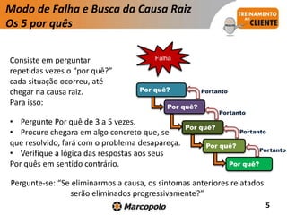 5
Modo de Falha e Busca da Causa Raiz
Os 5 por quês
Portanto
Por quê?
Por quê?
Por quê?
Por quê?
Falha
Por quê?
Portanto
Portanto
Portanto
• Pergunte Por quê de 3 a 5 vezes.
• Procure chegara em algo concreto que, se
que resolvido, fará com o problema desapareça.
• Verifique a lógica das respostas aos seus
Por quês em sentido contrário.
Consiste em perguntar
repetidas vezes o “por quê?”
cada situação ocorreu, até
chegar na causa raiz.
Para isso:
Pergunte-se: “Se eliminarmos a causa, os sintomas anteriores relatados
serão eliminados progressivamente?”
 