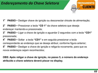 1° PASSO ► Desligar chave de ignição ou desconectar chicote de alimentação;
2° PASSO ► Pressionar a tecla “CD 1” da chave seletora que deseja
endereçar mantendo-a pressionada;
3° PASSO ► Ligar a chave de ignição e aguardar 2 segundos com a tecla “CD1”
pressionada;
4° PASSO ► Soltar a tecla “CD1” e em seguida pressionar a tecla
correspondente ao endereço que se deseja atribuir, conforme figura anterior;
5° PASSO ► Desligar a chave de ignição e religa-la novamente, para que os
novos endereços sejam reconhecidos;
OBS: Após religar a chave de ignição, no passo 5, o número do endereço
atribuído a chave seletora deverá piscar no display.
69
Endereçamento da Chave Seletora
 