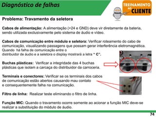 74
Diagnóstico de falhas
Problema: Travamento da seletora
Cabos de alimentação: A alimentação (+24 e GND) deve vir diretamente da bateria,
sendo utilizada exclusivamente pelo sistema de áudio e vídeo.
Cabos de comunicação entre módulo e seletora: Verificar roteamento do cabo de
comunicação, visualizando passagens que possam gerar interferência eletromagnética.
Quando há falha de comunicação entre o
distribuidor de áudio e a seletora o display mostrará a letra “ C”.
Buchas plásticas: Verificar a integridade das 4 buchas
plásticas que isolam a carcaça do distribuidor da carroceria.
Terminais e conectores: Verificar se os terminais dos cabos
de comunicação estão abertos causando mau contato
e consequentemente falha na comunicação.
Filtro de linha: Realizar teste eliminando o filtro de linha.
Função MIC: Quando o travamento ocorre somente ao acionar a função MIC deve-se
realizar a substituição do módulo de áudio.
 
