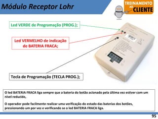 95
Led VERMELHO de indicação
de BATERIA FRACA;
Tecla de Programação (TECLA PROG.);
Led VERDE de Programação (PROG.);
Módulo Receptor Lohr
O led BATERIA FRACA liga sempre que a bateria do botão acionado pela última vez estiver com um
nível reduzido,
O operador pode facilmente realizar uma verificação do estado das baterias dos botões,
pressionando um por vez e verificando se o led BATERIA FRACA liga.
 