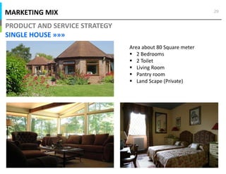 MARKETING MIX
PRODUCT AND SERVICE STRATEGY
SINGLE HOUSE »»»
29
Area about 80 Square meter
2 Bedrooms
2 Toilet
Living Room
Pantry room
Land Scape (Private)
 