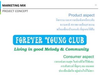 MARKETING MIX
PROJECT CONCEPT
30
Product aspect
กิจกรรม และความบันเทิงเหนือระดับ
ธรรมชาติ สภาพแวดล้อมสวยงาม
พร้อมเพือนบ้านคนดัง ทีทุกคนใฝ่ฝัน
Consumer aspect
เวลาแห่งความสุข ในช่วงชีวิตไร้พันธะ
การสังสรรค์ ทีทุกๆ คน เอนจอย
ประเทืองจิตใจ อยู่อย่างไรก็ไม่ชรา
 