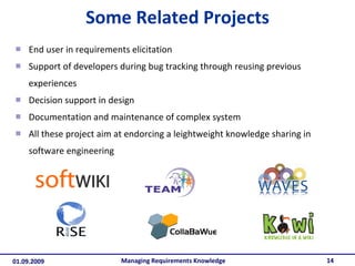 Some Related Projects End user in requirements elicitation Support of developers during bug tracking through reusing previous experiences Decision support in design Documentation and maintenance of complex system All these project aim at endorcing a leightweight knowledge sharing in software engineering Managing Requirements Knowledge 