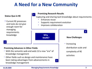 A Need for a New Community Managing Requirements Knowledge 1 2 3 4 Wi th the semantic web and web 2.0 a new “era” of knowledge management  Other fields such as design and maintenance have been taking advantages from advancements in knowledge management Capturing and sharing tacit knowledge about requirements: Enhances reuse Supports requirement evolution  Improves collaboration Current RE processes and tools do not give enough room for managing requirements  knowledge Increasing distribution scale and complexity of RE activities  New Challenges  Promising Research Results Promising Advances in  O ther Fields Status Quo in RE Why  MaRK? 